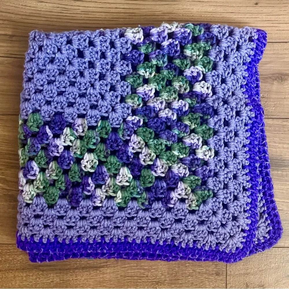Vintage Handmade Crochet Granny Square Throw Afghan Purple Green 27.5” x 27.5”